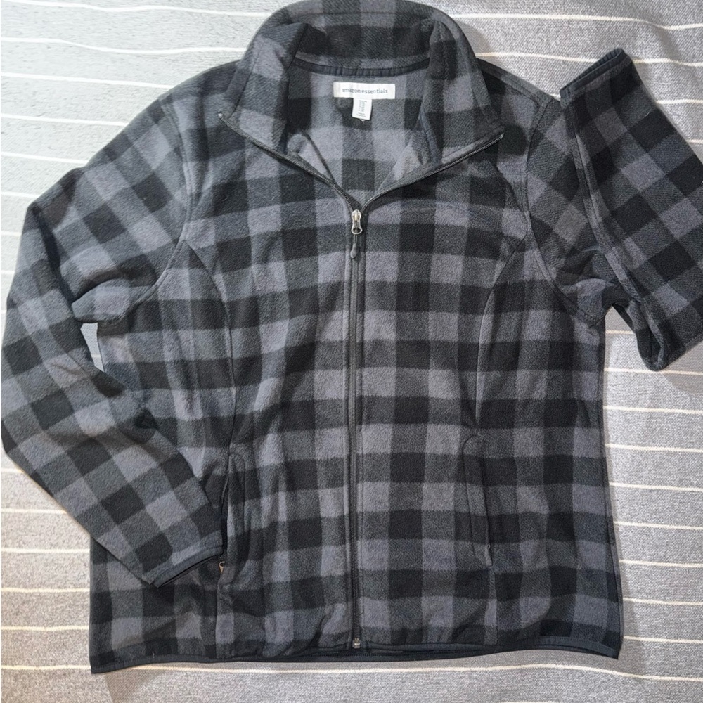 NWOT Black and Gray Plaid Zip-Up Fleece Jacket